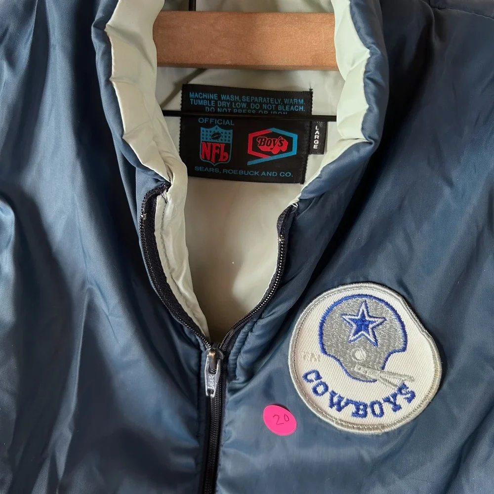 Vintage Dallas Cowboys NFL Sears Roebuck Boys Large Blue Puffer Vest Zip Up‎